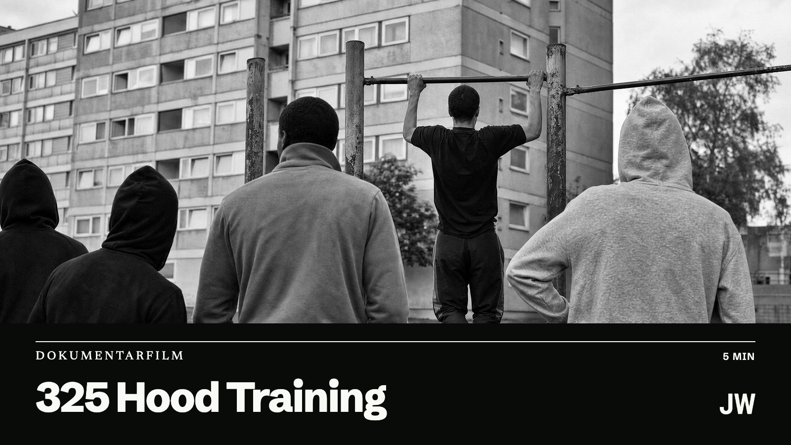 Vorschaubild: Junge Männer von hinten an einer Klimmzugstange vor Plattenbauten, darunter im schwarzen Band der Titel 325 Hood Training. Foto KI-generiert.